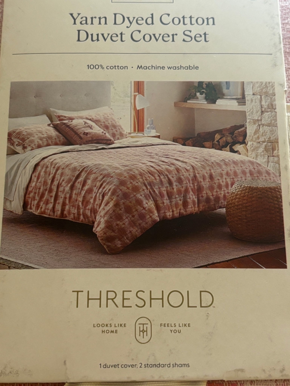 Threshold Yarn-Dyed Cotton Duvet Cover Set in Blush and Cream